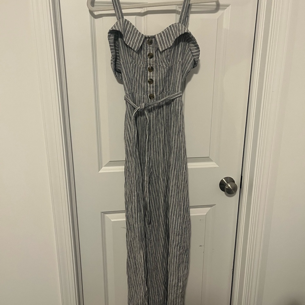 American Eagle Outfitters Grayish Blue and White Striped Jumpsuit